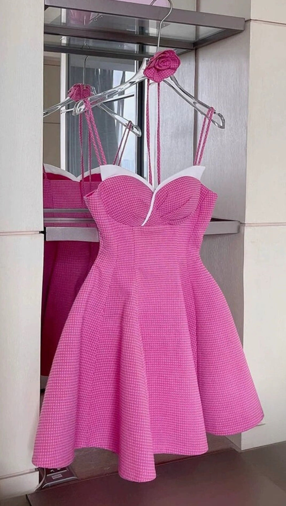 STRAP MINI DRESS WITH ROSE IN HOT PINK