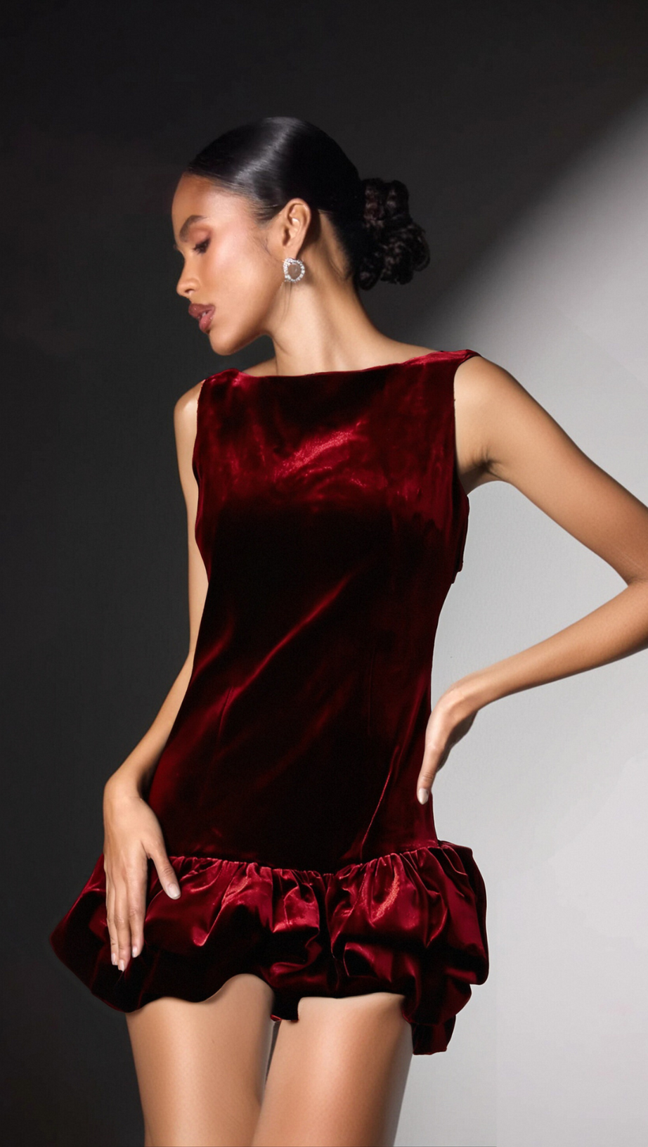 MARION RED PEPLUM-HEM VELVET MINI DRESS