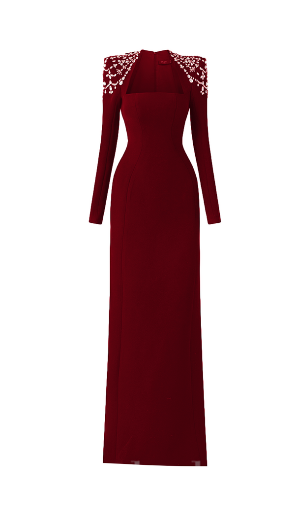 AIIZIE LONG SLEEVE TRAPEZOID NECKLINE BODYCON MAXI DRESS IN RED - product image