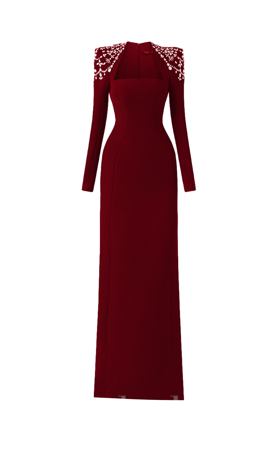 Langärmliges, figurbetontes Maxikleid mit Trapezausschnitt in Rot