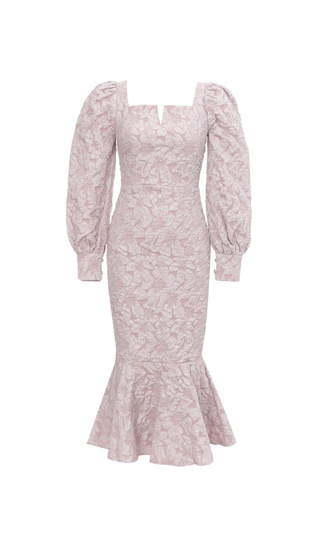 AIIZIE ALICE FLORAL JACQUARD PUFF SLEEVE BODYCON MAXI DRESS IN PINK - product image
