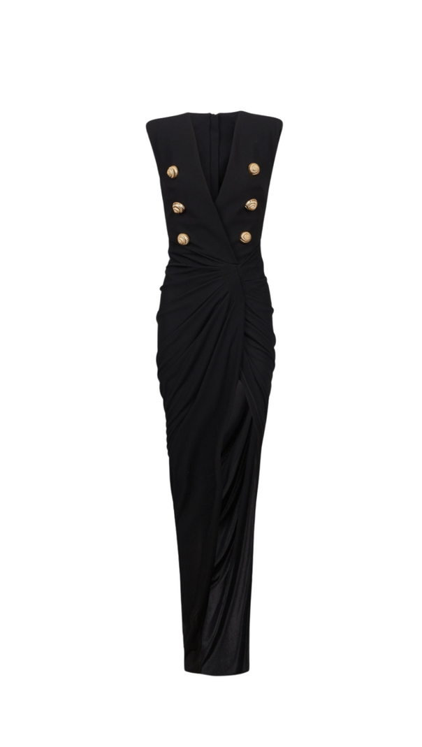 AIIZIE DEEP-V SLEEVELESS RUCHED SLIT MAXI DRESS IN BLACK - product image