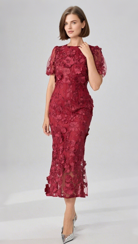 FLOWER MESH MAXI DRESS IN RED