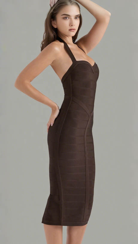 Schokoladenbraunes Neckholder-Midi-Bandagekleid in Bodycon-Optik