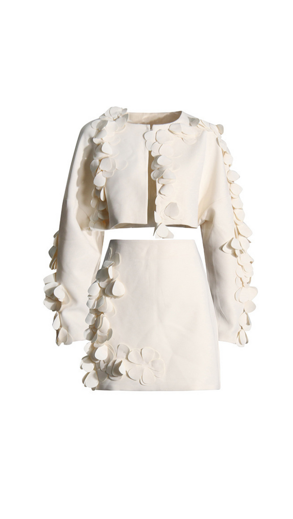 AIIZIE ESTHER WHITE 3D FLORAL LONG SLEEVE TOP MINI SKIRT SET - product image