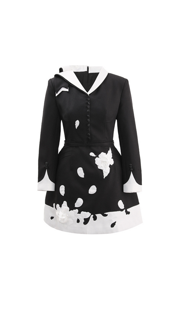 RENEE FLOWER EMBELLISHED BLACK A-LINE SILK MINI DRESS