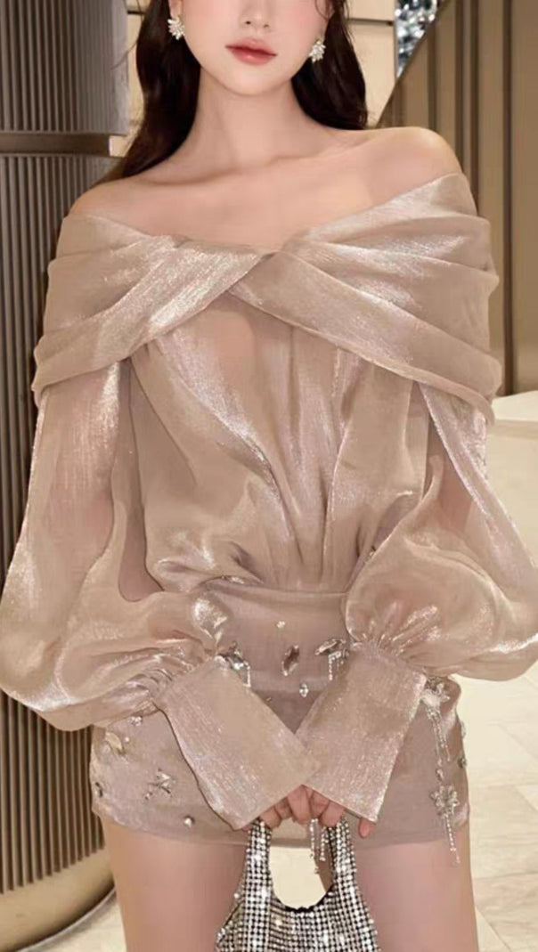 AIIZIE OFF-THE-SHOULDER PEARLESCENT SHIRT MINI DRESS - product image