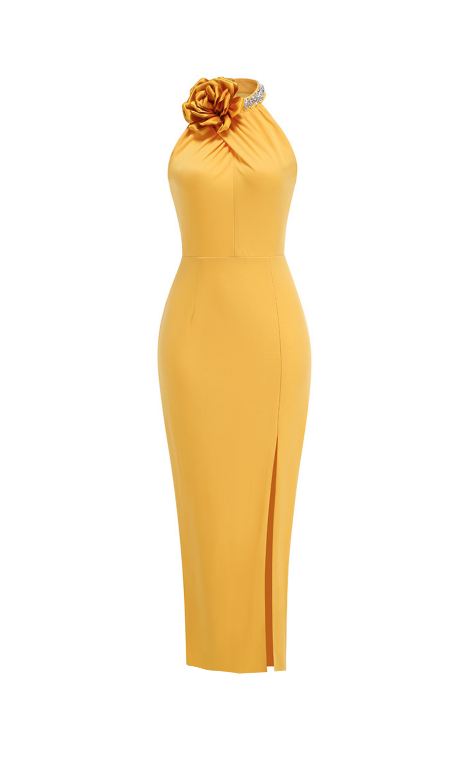MAMIE Neckholder-Maxikleid mit Blumenmuster und Kristallen in Gelb