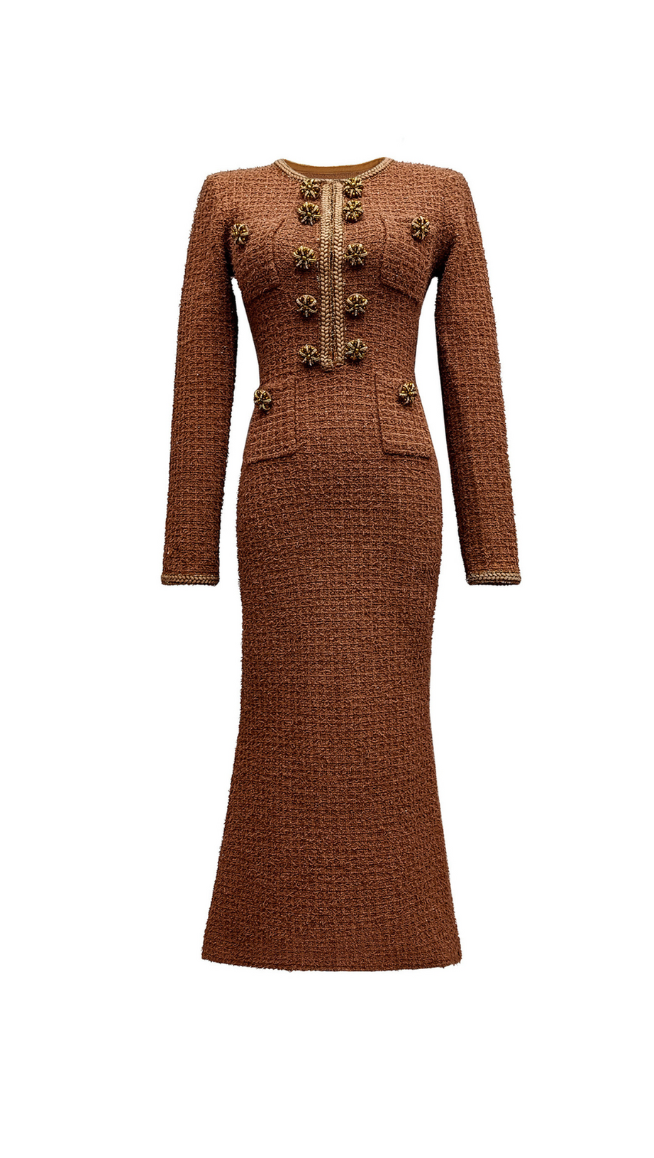 AMELIA BRAIDED-EDGE TWEED MIDI DRESS IN BROWN