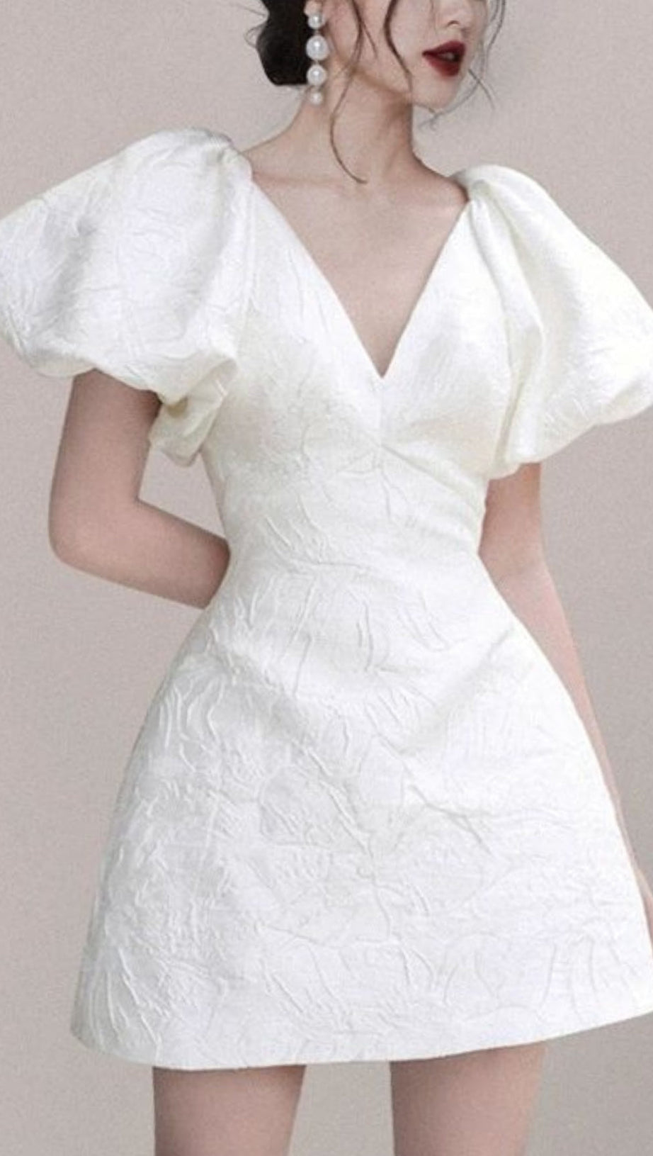 JACQUARD EMBOSSED V-NECK PUFF SLEEVES MINI DRESS