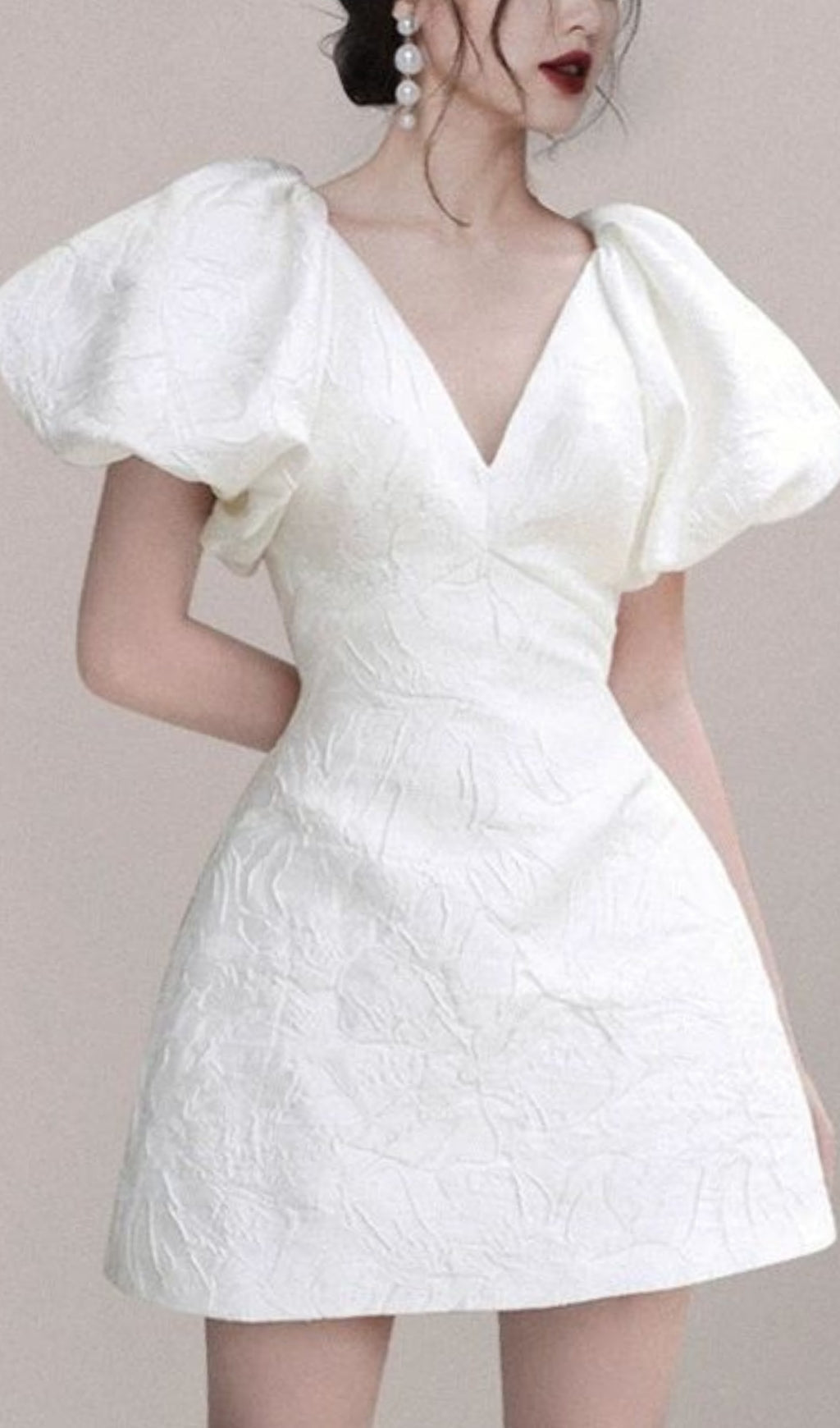 JACQUARD EMBOSSED V-NECK PUFF SLEEVES MINI DRESS