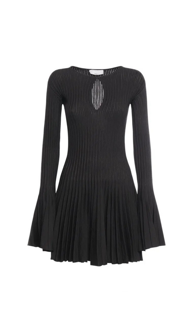 AIIZIE PLEATED WOOL KNIT LONG SLEEVE MINI DRESS IN BLACK - product image