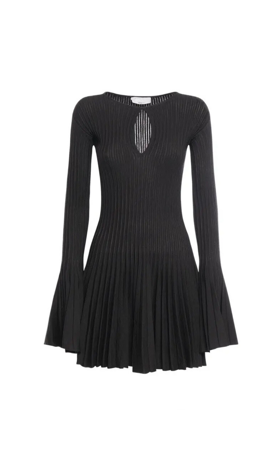 pleated wool knit long sleeve mini dress in black