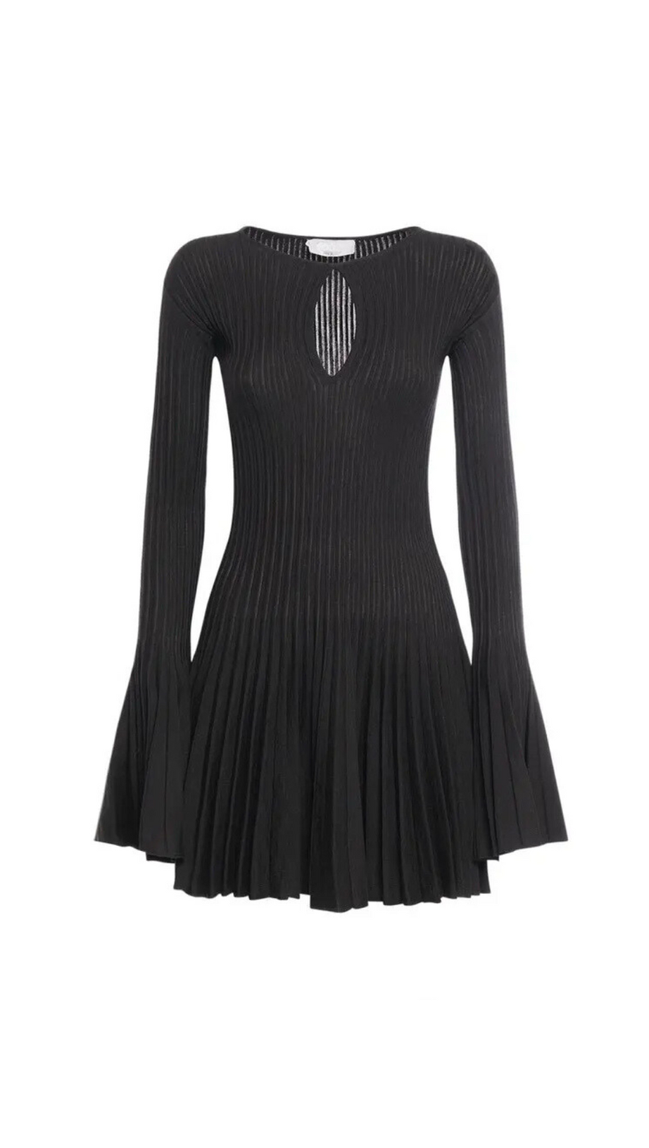 PLEATED WOOL KNIT LONG SLEEVE MINI DRESS IN BLACK