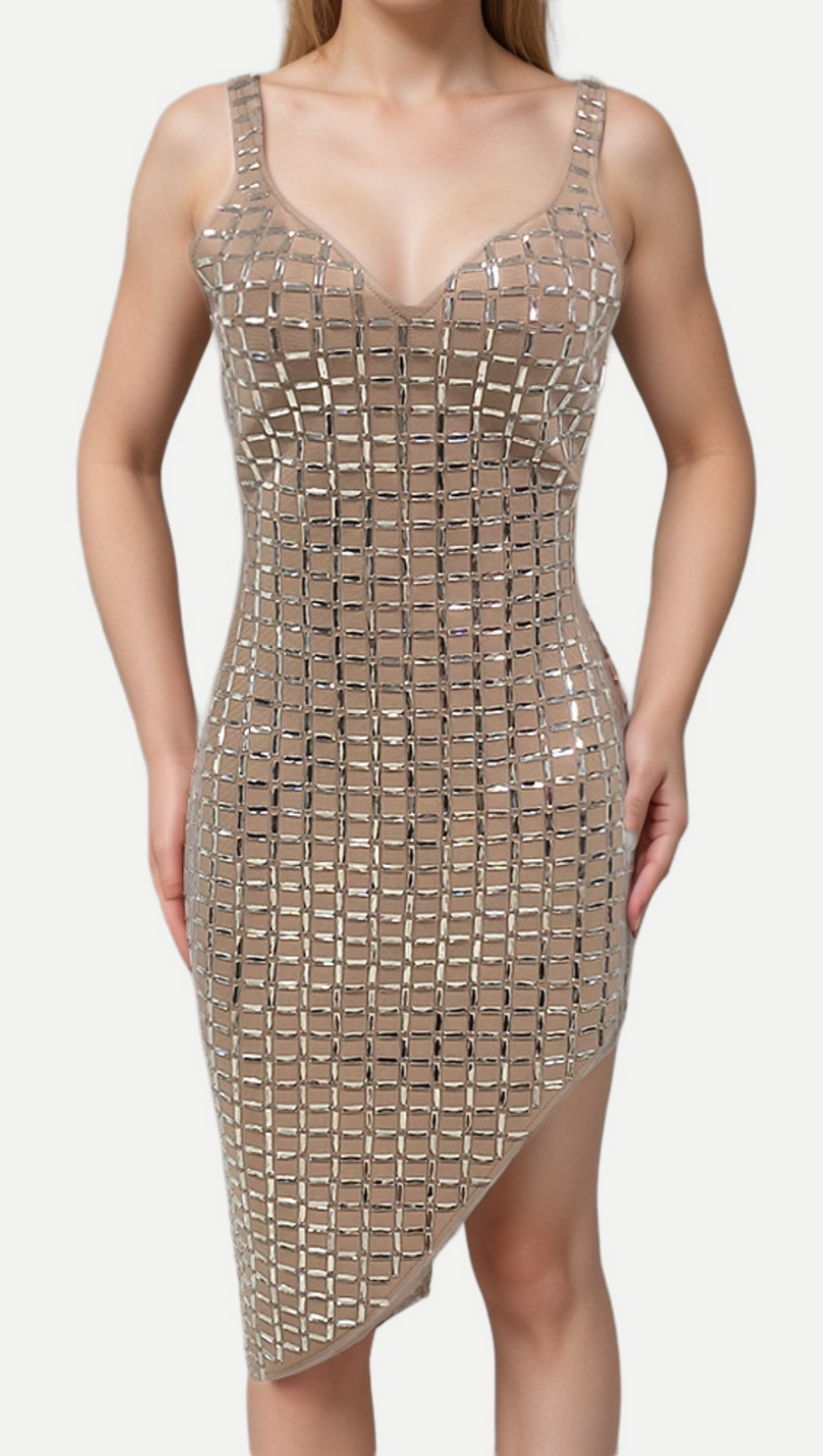 SEQUIN-EMBELLISHED SLIT MIDI DRESS IN APRICOT