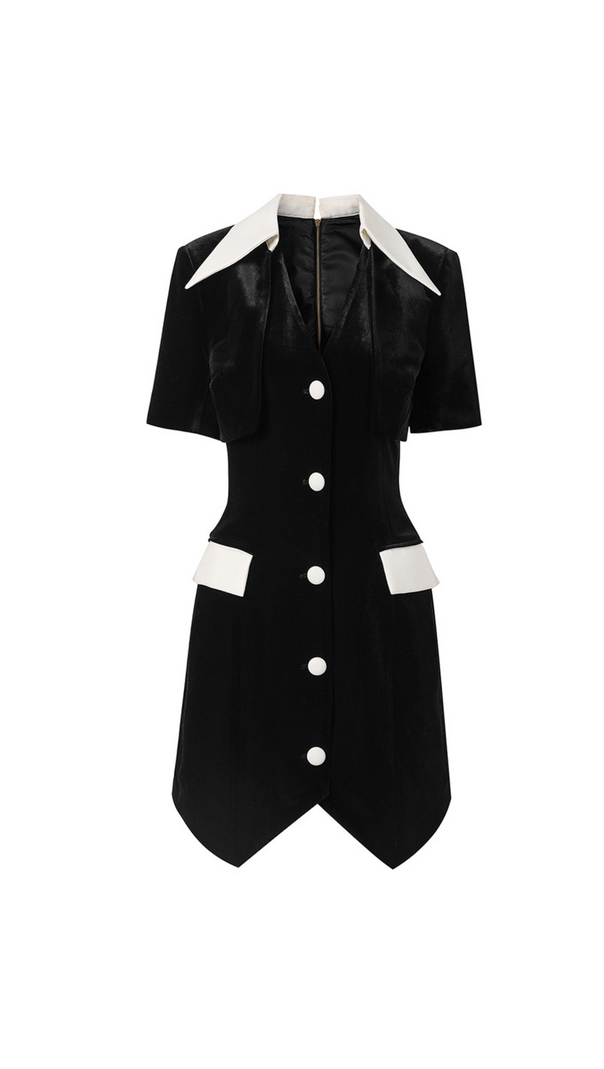 AIIZIE VELVET BUTTON SHORT SLEEVE MINI DRESS IN BLACK - product image