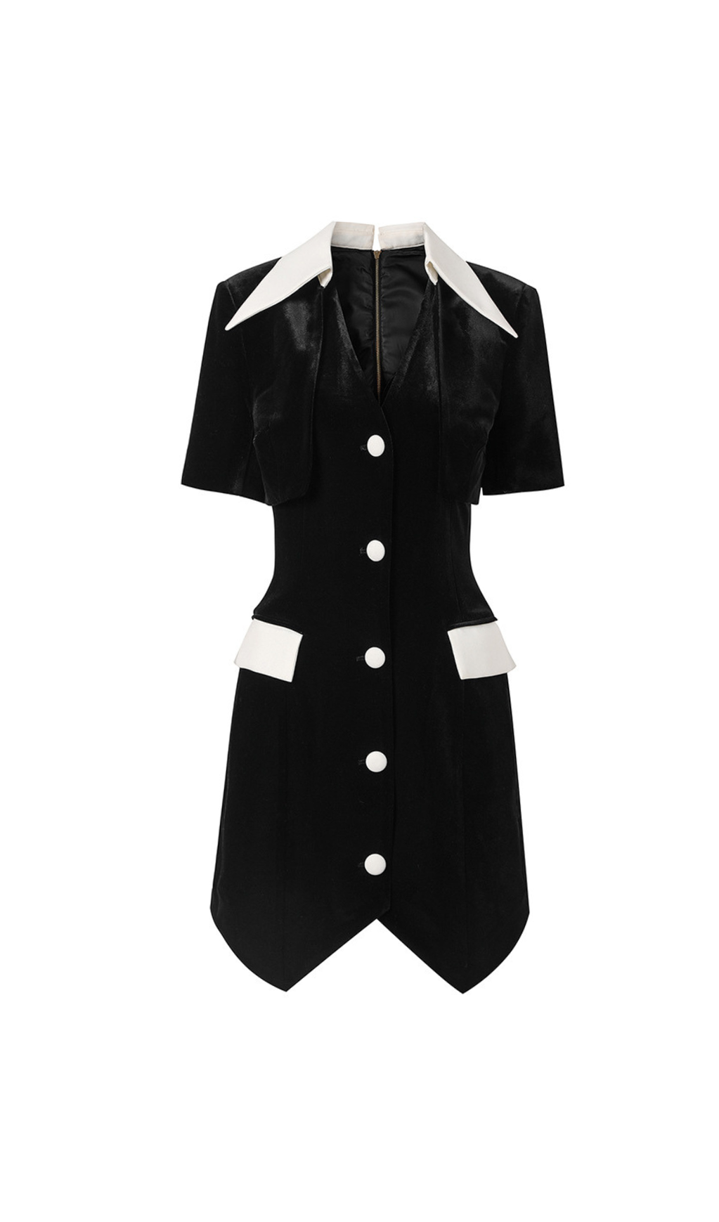 VELVET BUTTON SHORT SLEEVE MINI DRESS IN BLACK