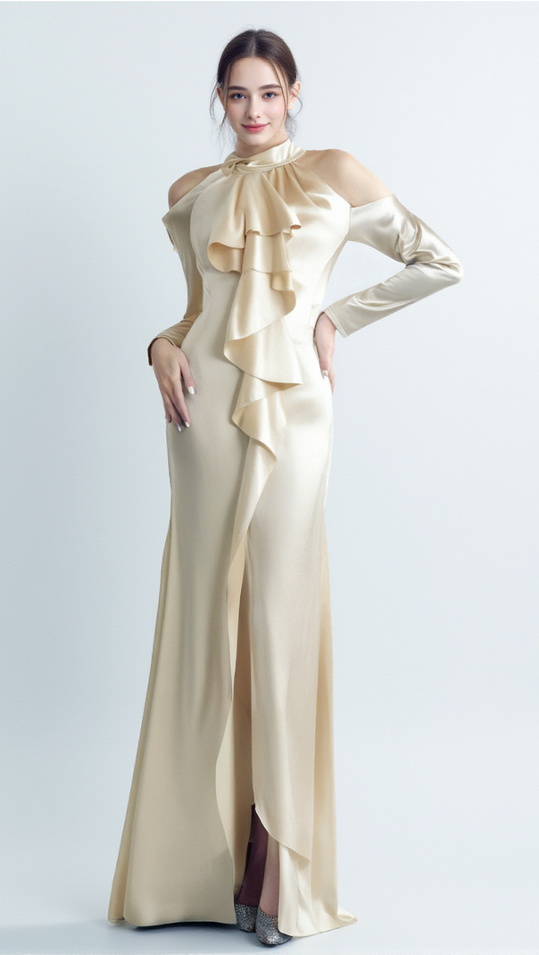 AIIZIE RAE CHAMPAGNE ONE-SHOULDER RUFFLE EMBELLISHED MAXI DRESS - product image