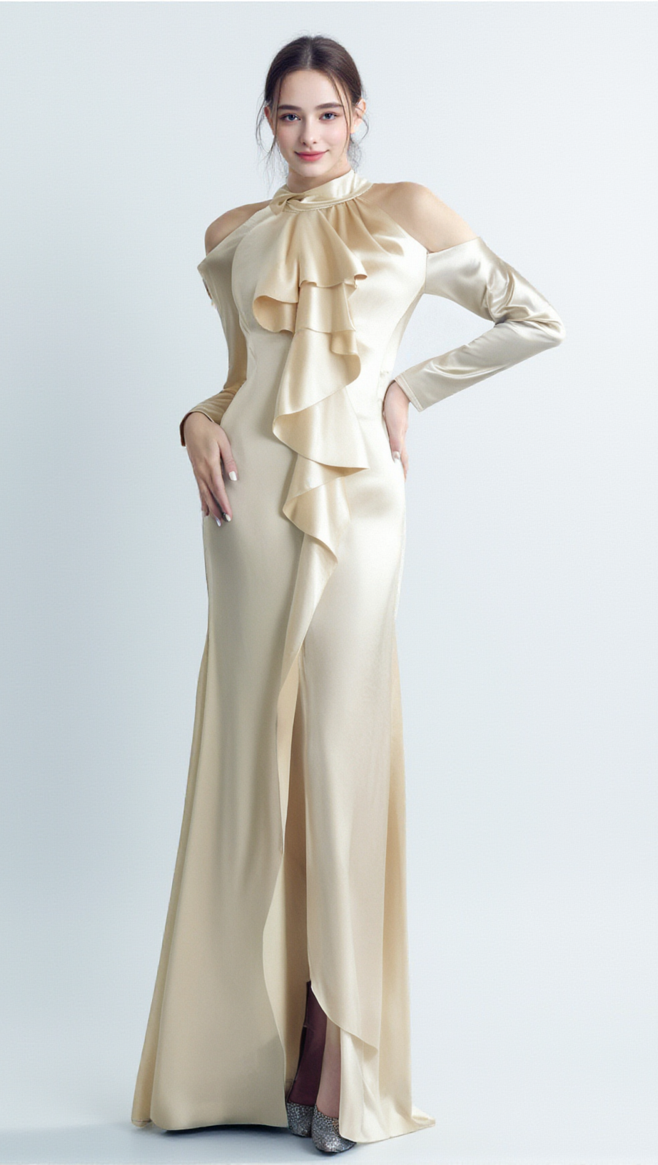 RAE CHAMPAGNE ONE-SHOULDER RUFFLE EMBELLISHED MAXI DRESS