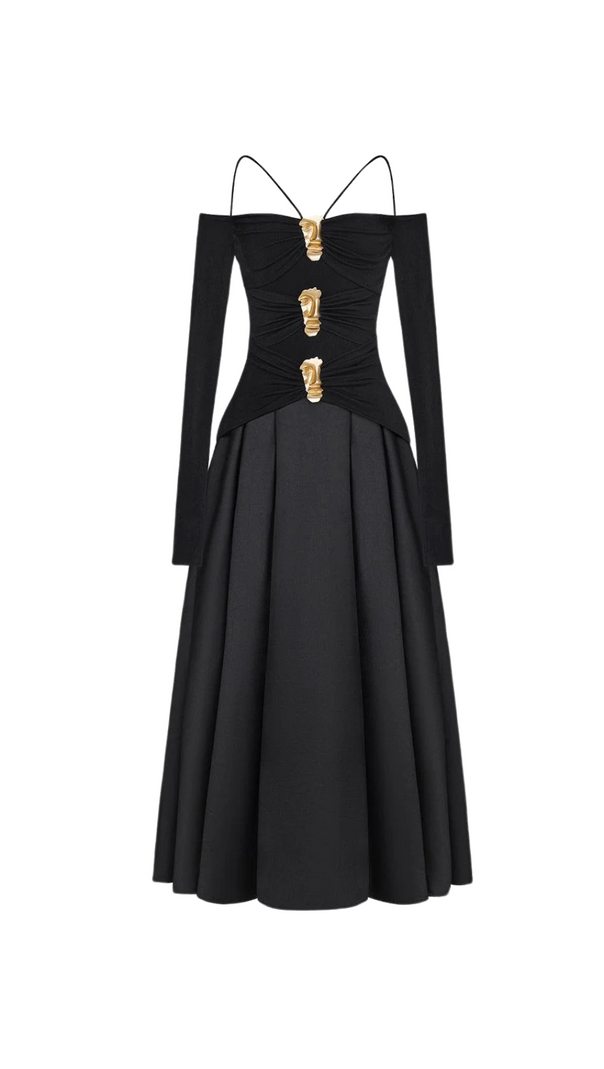 AIIZIE BLACK A-LINE COLD SHOULDER SLEEVED SPANDEX TAFFETA MAXI DRESS - product image