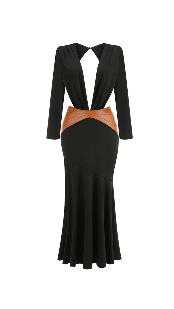AIIZIE ASHLEY BLACK MAXI DRESS WITH OPEN BACK AND LEATHER PANE - product image