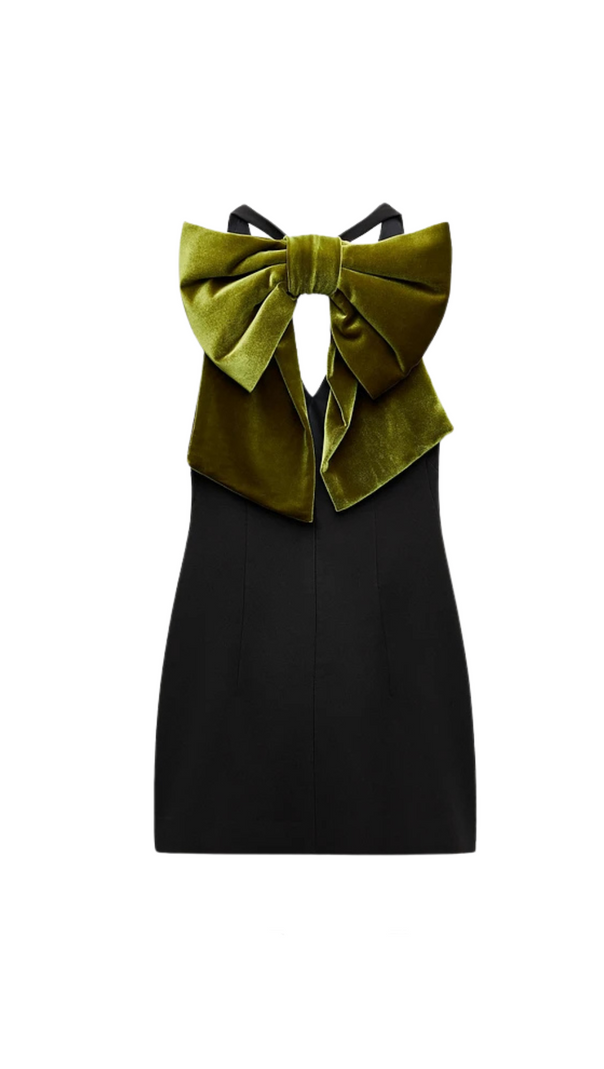 AIIZIE VELVET BOW MINI DRESS IN BLACK - product image
