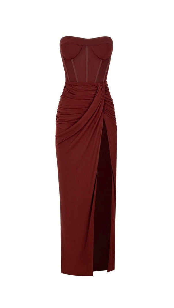 AIIZIE STRAPLESS RUCHED DRESS IN BROWN - product image