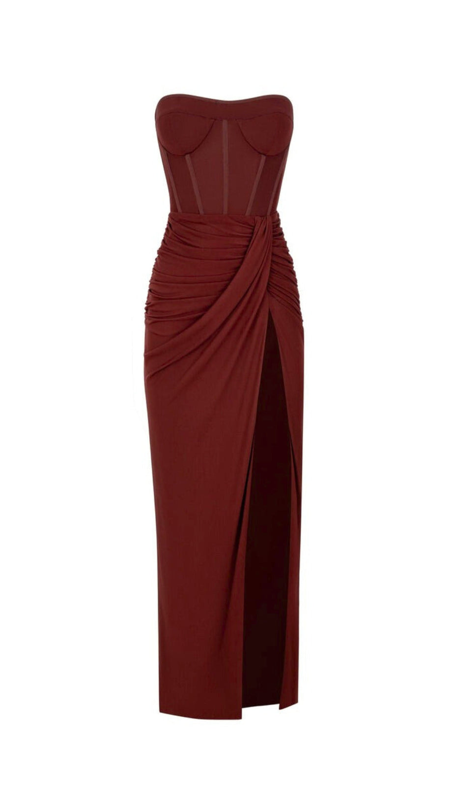 STRAPLESS RUCHED DRESS IN BROWN