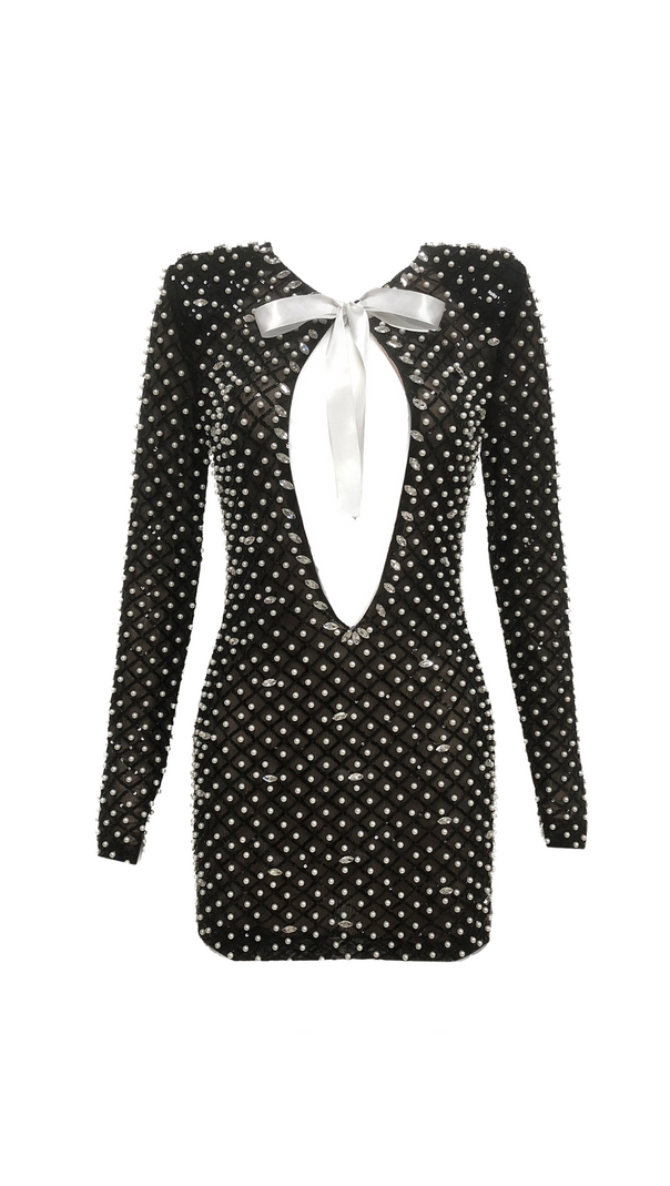 AIIZIE PEARL EMBELLISHED CUT OUT BOW MINI DRESS IN BLACK - product image
