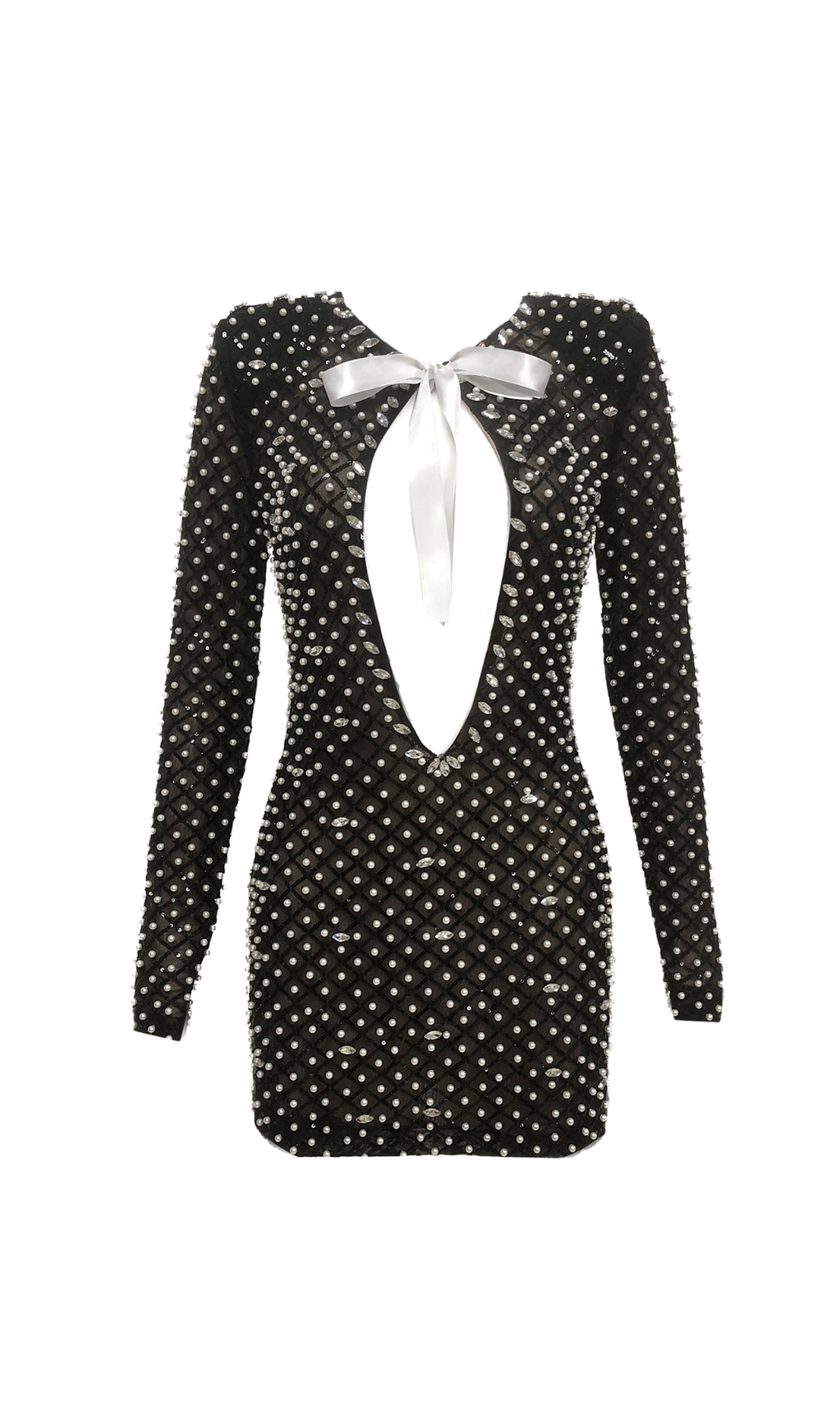 PEARL EMBELLISHED CUT OUT BOW MINI DRESS IN BLACK