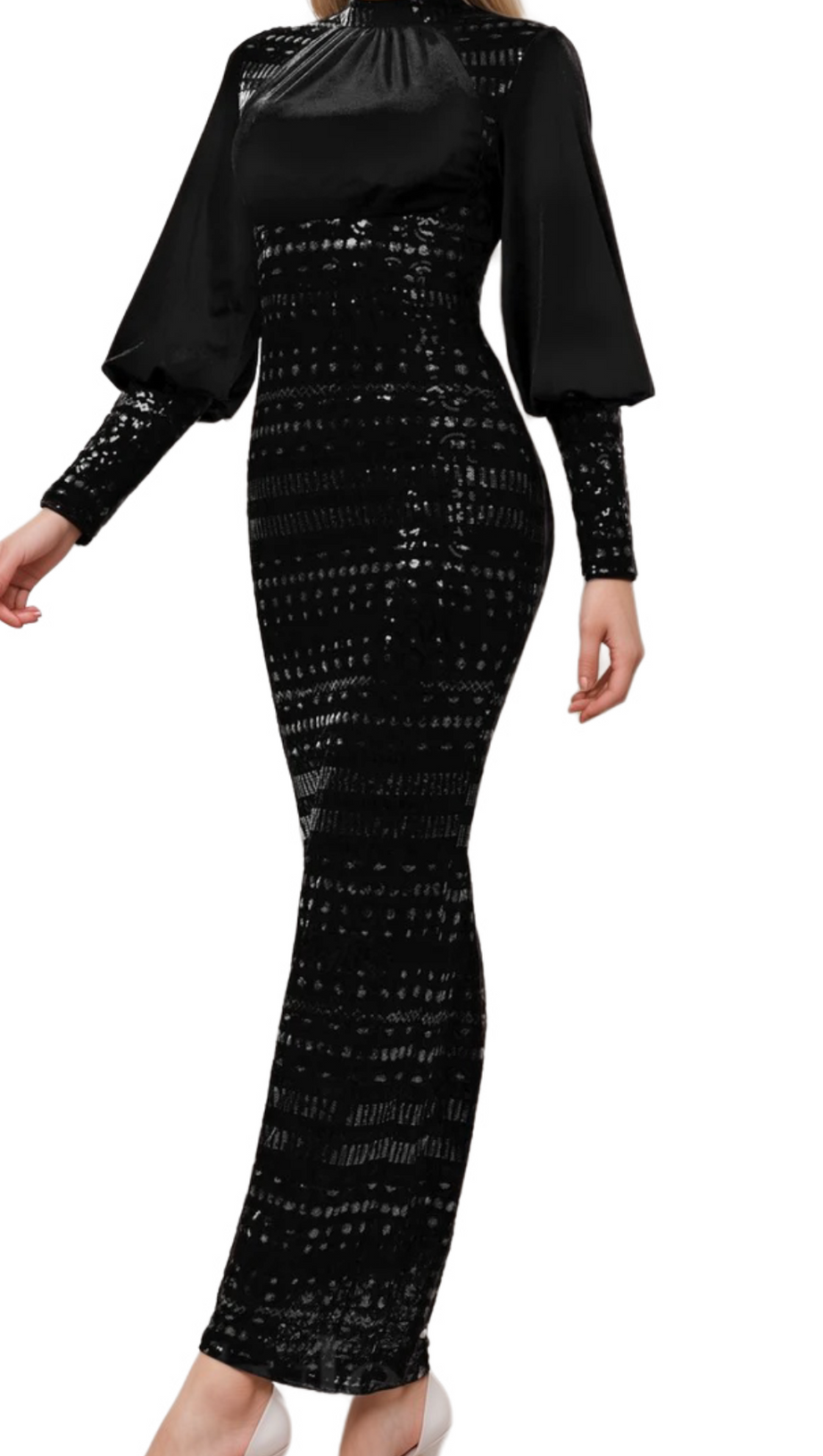 BEATRICE SEQUIN LONG SLEEVE MAXI DRESS IN BLACK