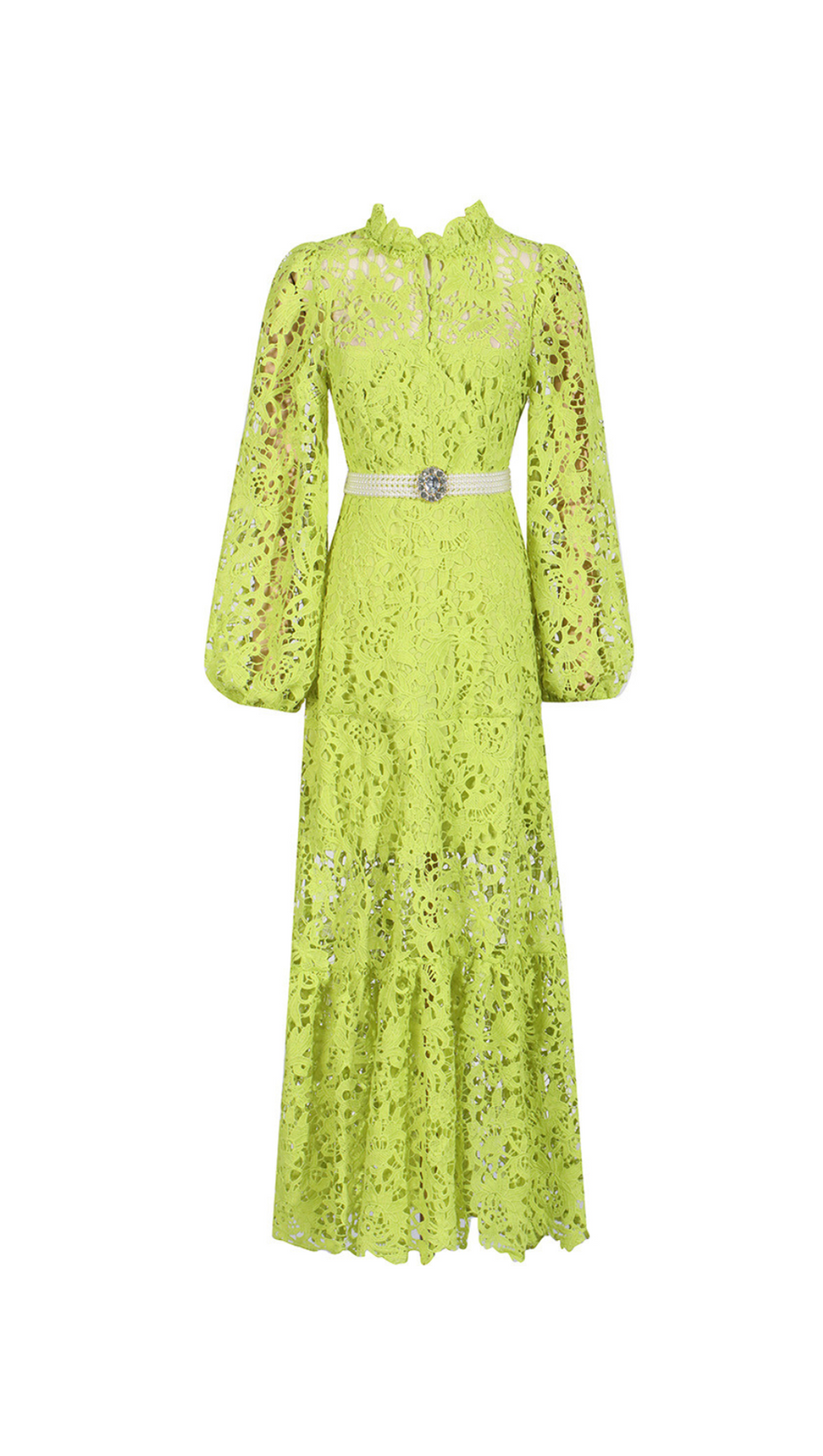 TARA GREEN LACE EMBROIDERED LONG SLEEVE MIDI DRESS