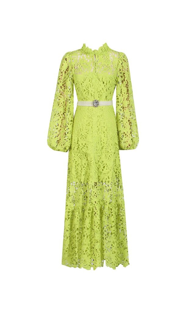 TARA GREEN LACE EMBROIDERED LONG SLEEVE MIDI DRESS