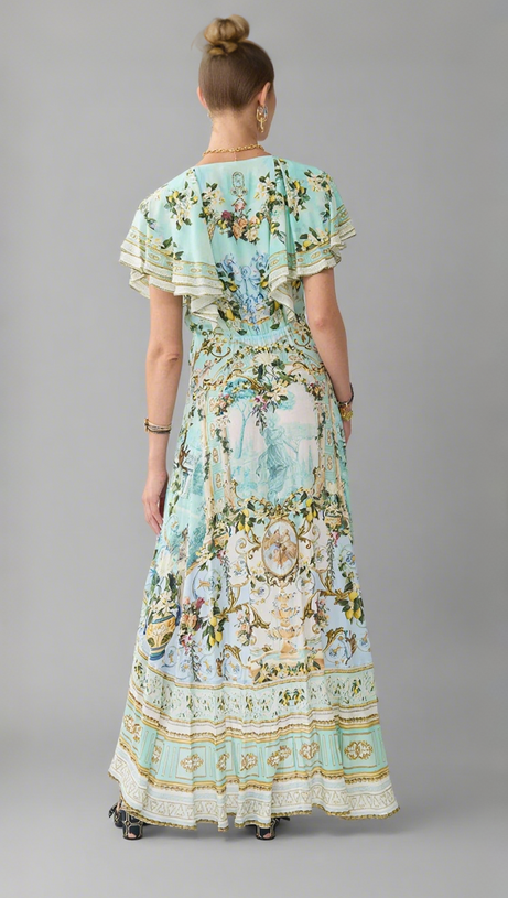 ABITO LUNGO IN SETA CON SCOLLO A V, ORLO IRREGOLARE, STAMPATO MULTICOLORE VERDE