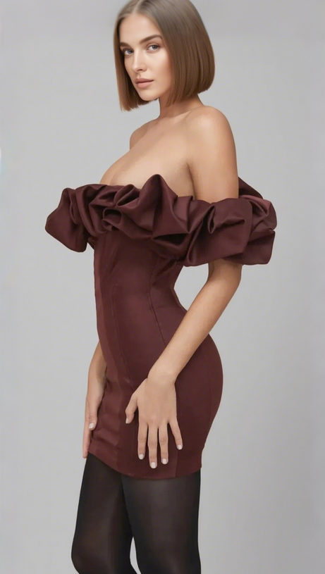 BURGUNDY SATIN RUFFLE STRAPLESS MINI DRESS