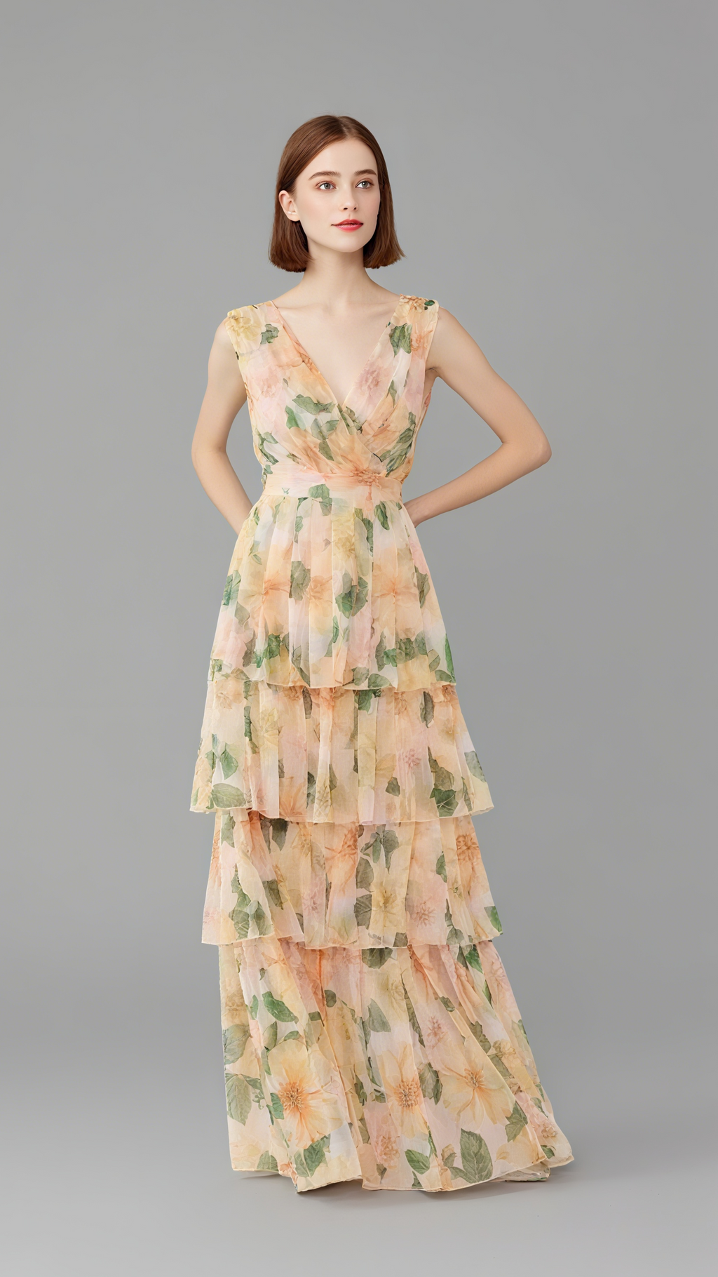 FLORAL - PRINTED V - NECK TIERED MAXI DRESS