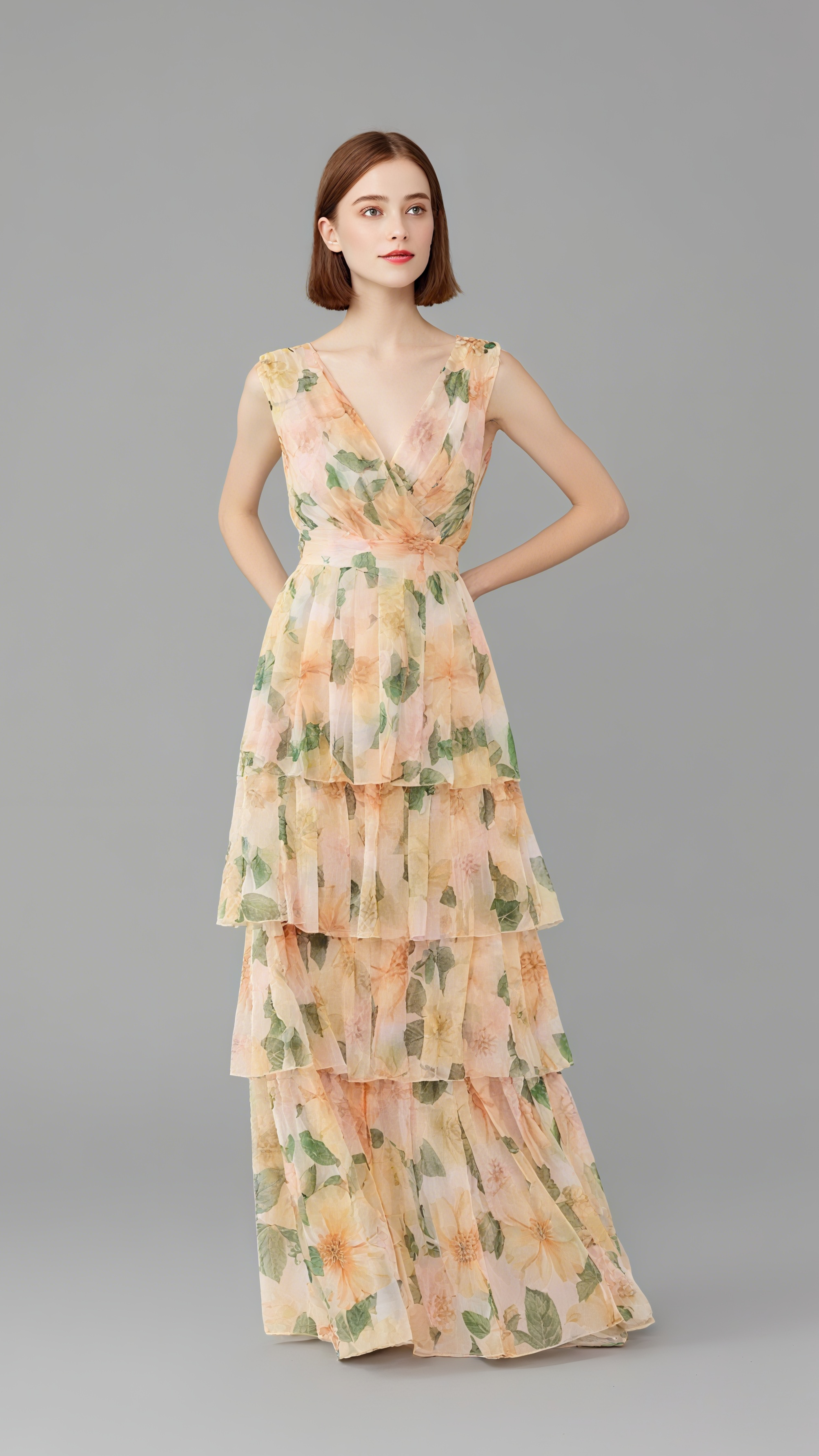 FLORAL - PRINTED V - NECK TIERED MAXI DRESS