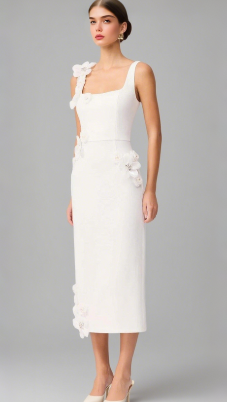 SABRINA 3D FLOWER MIDI DRESS IN WHITE