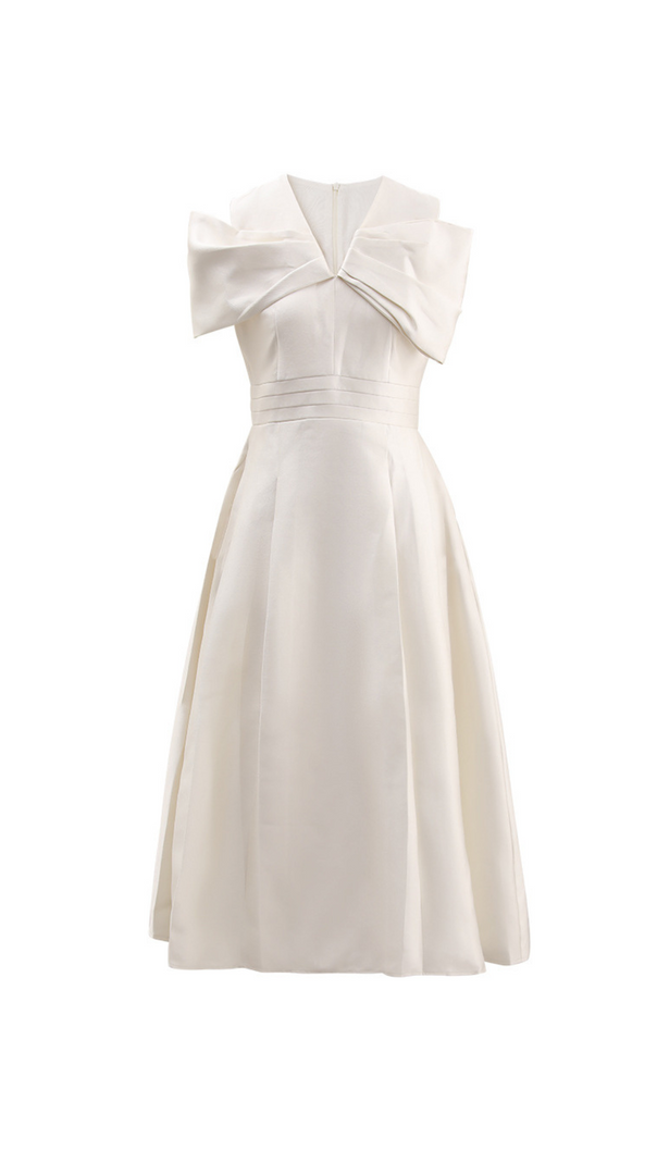 AIIZIE ALICE BEIGE WHITE PLEATED BOW OFF-SHOULDER MIDI DRESS - product image