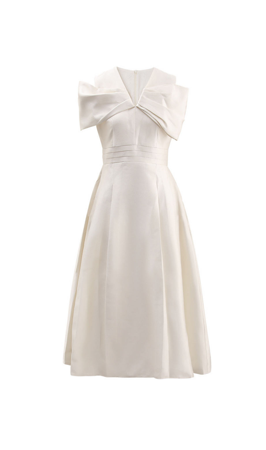 ABITO MIDI ALICE BEIGE BIANCO CON FIOCCO E SPALLE SCOPERTE