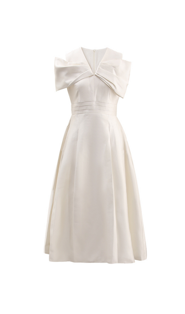 ALICE BEIGE WHITE PLEATED BOW OFF-SHOULDER MIDI DRESS