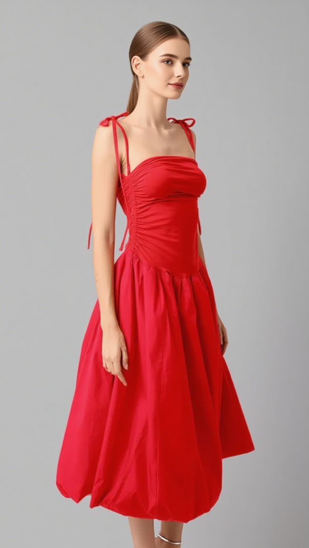 AIIZIE HALTER NECK RUCHED FLOWY MIDI DRESS IN RED - product image