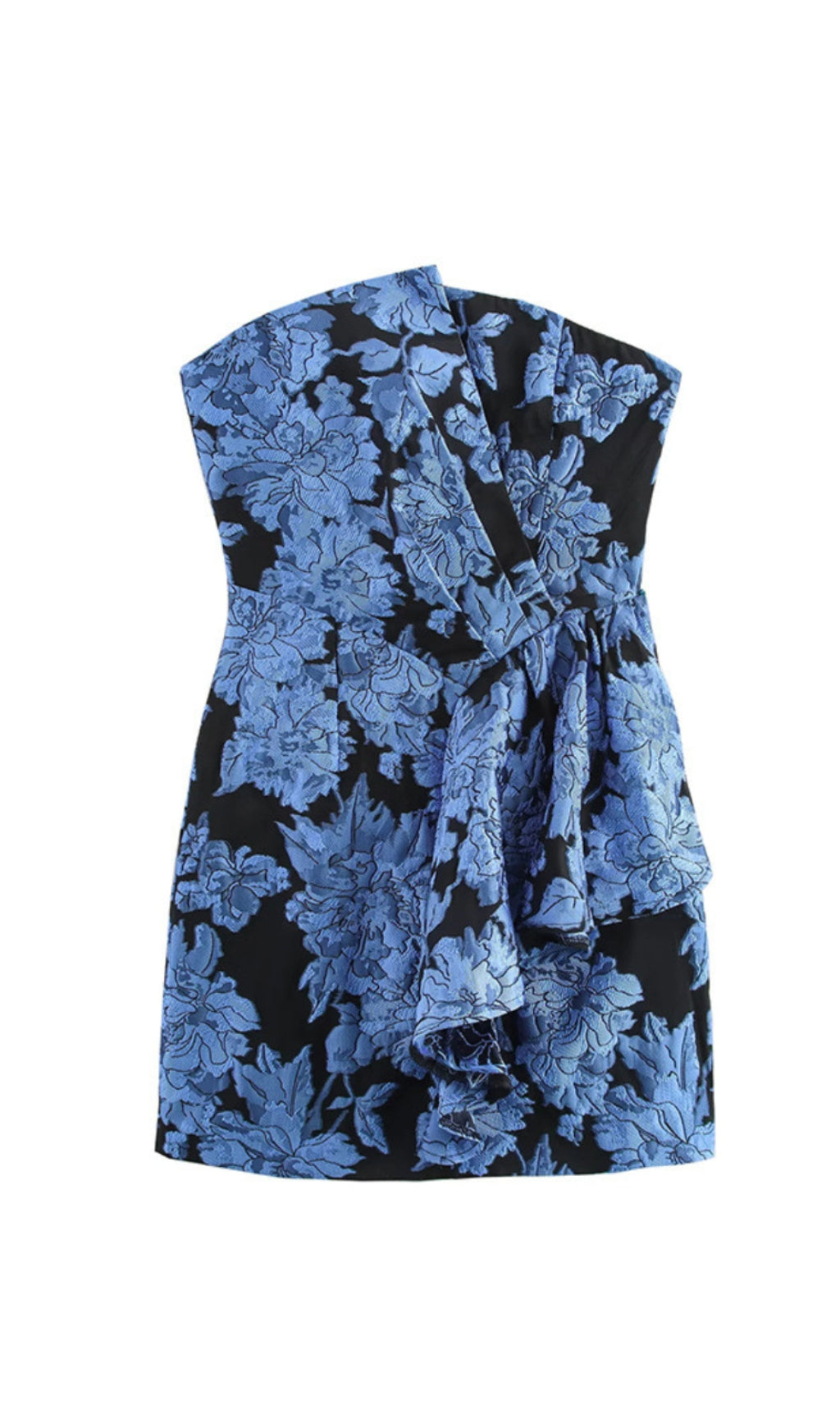 KAYLA JACQUARD STRAPLESS MINI DRESS IN BLUE