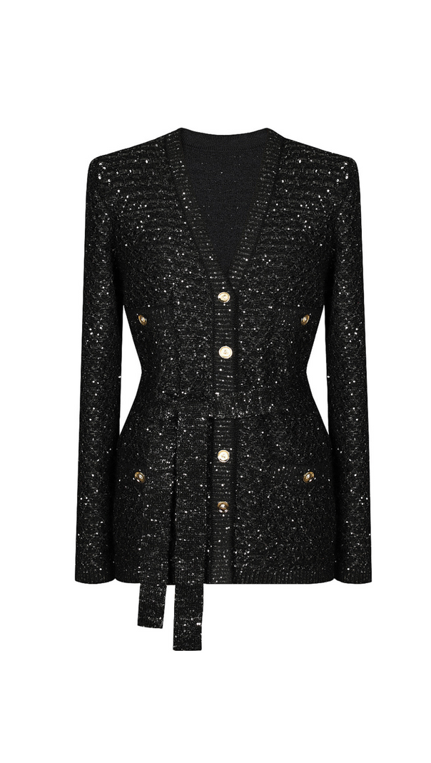 AIIZIE SEQUIN KNIT V-NECK CARDIGAN IN BLACK - product image