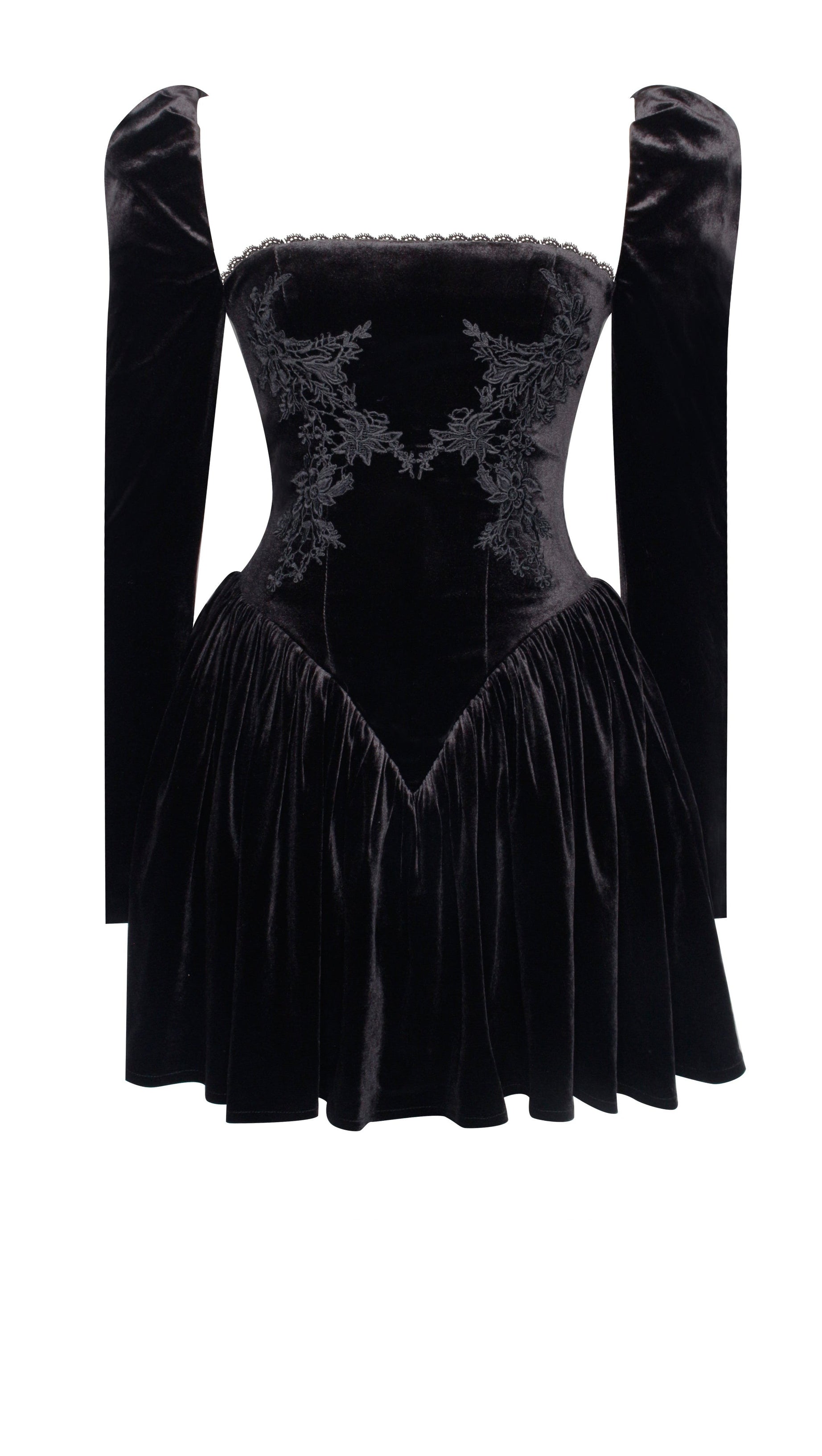 YOLANDA BLACK VELVET LONG SLEEVE MINI DRESS WITH LACE TRIM