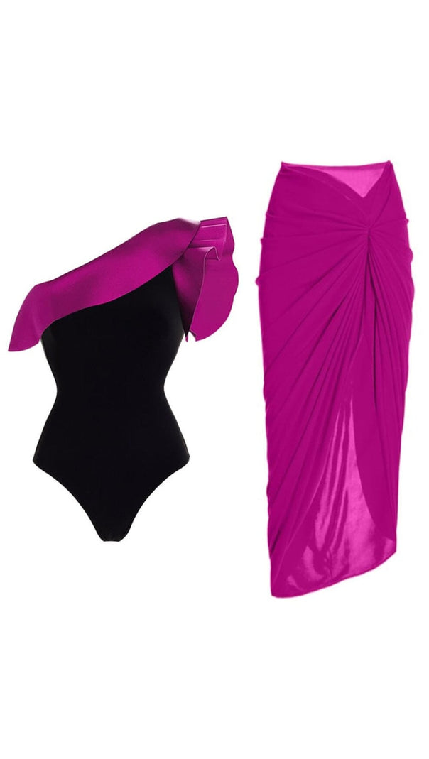 AIIZIE ONE SHOULDER RUFFLE COLOR BLOCK ONE PIECE SWIMSUIT AND SARONG - product image