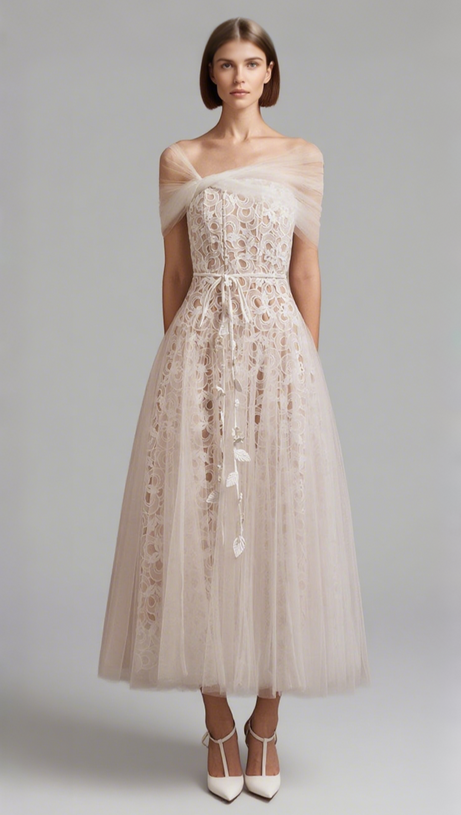 Abito midi in pizzo arricciato Miua Gored bianco