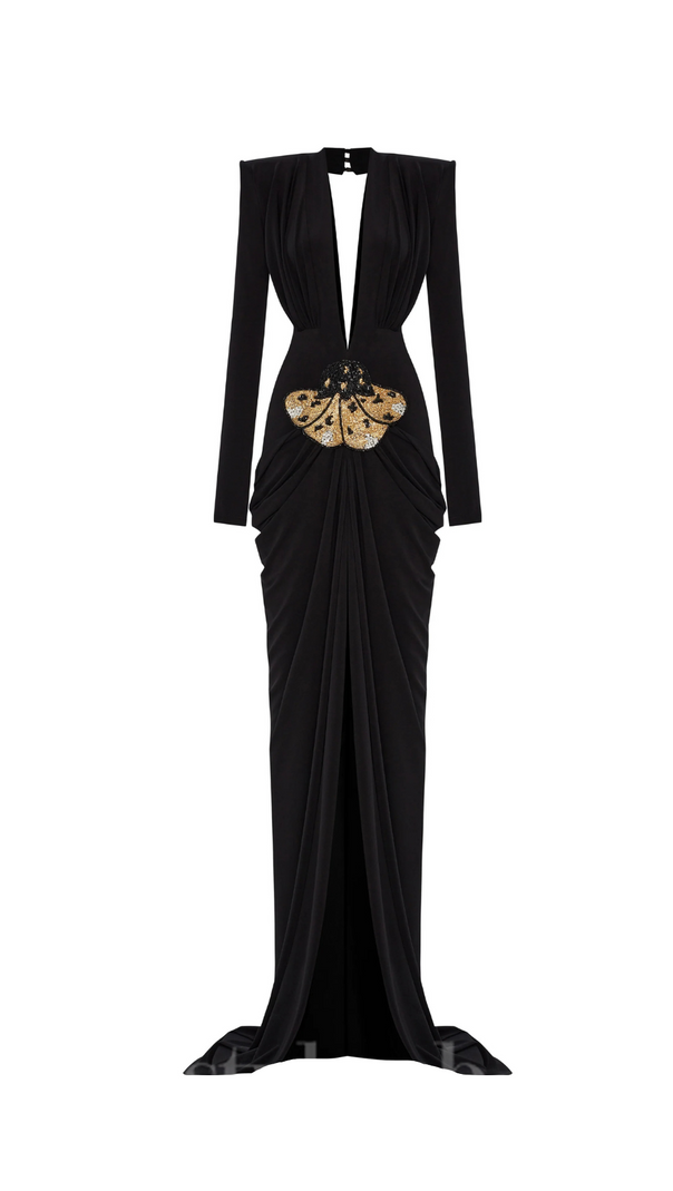 AIIZIE BLACK STRETCHY GOLD FLOWER EMBROIDERED V-NECK LONG SLEEVED MAXI DRESS - product image