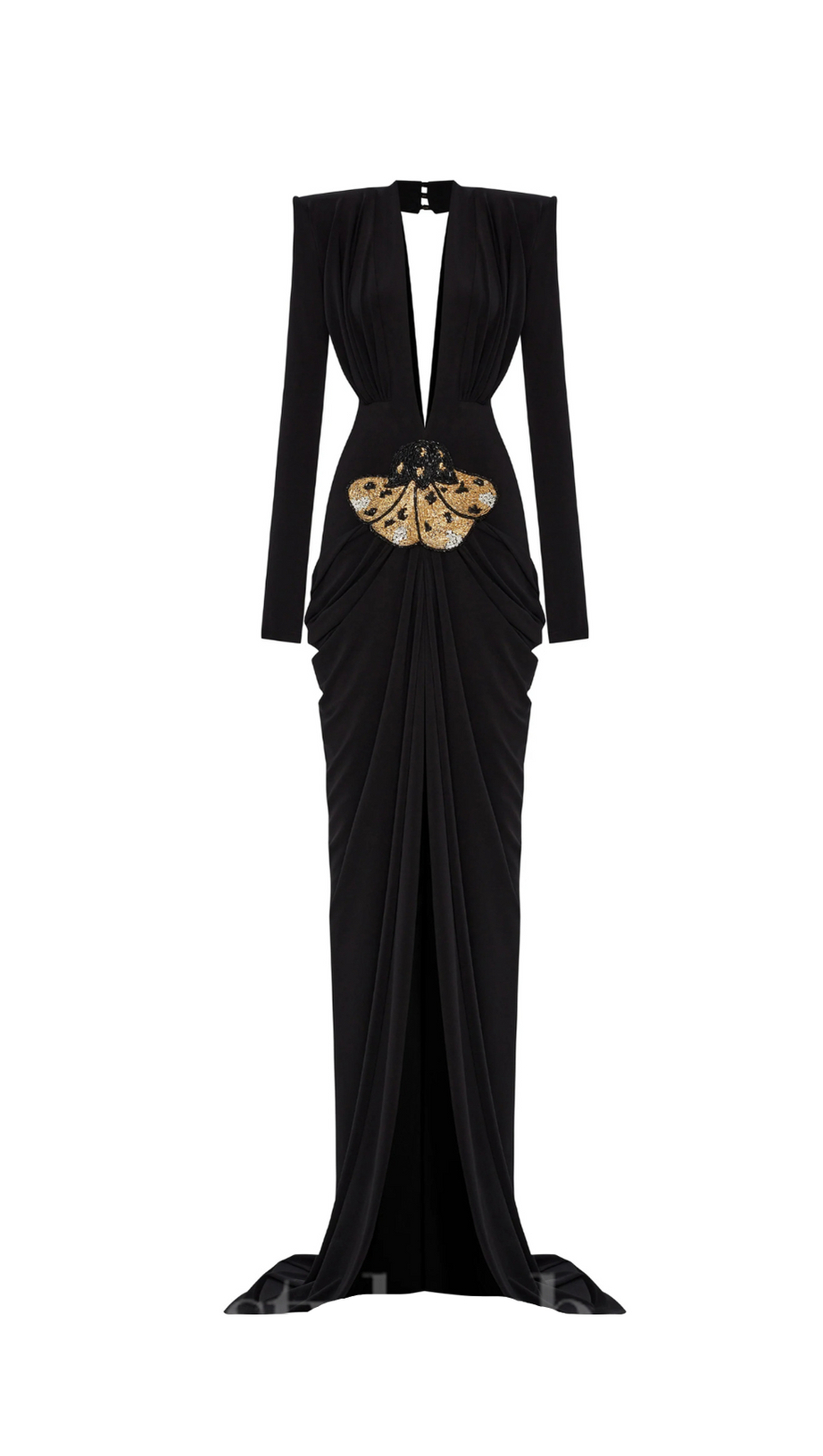 BLACK STRETCHY GOLD FLOWER EMBROIDERED V-NECK LONG SLEEVED MAXI DRESS