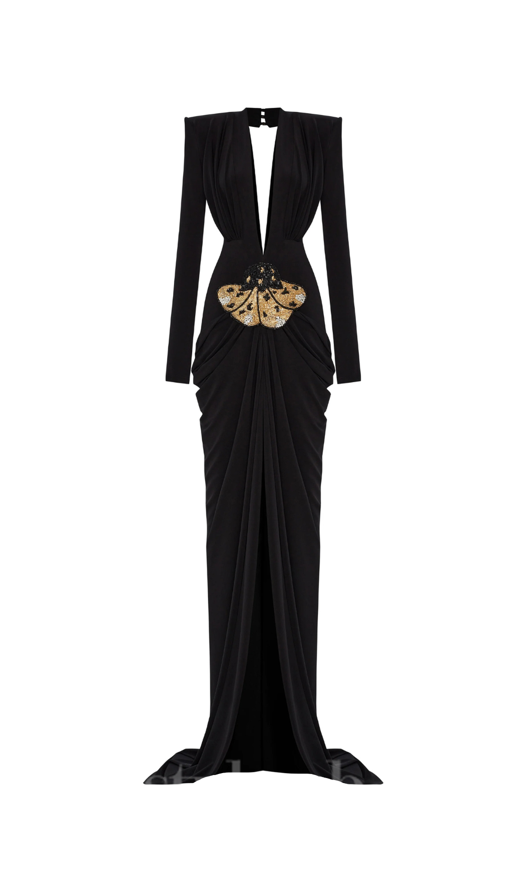 BLACK STRETCHY GOLD FLOWER EMBROIDERED V-NECK LONG SLEEVED MAXI DRESS